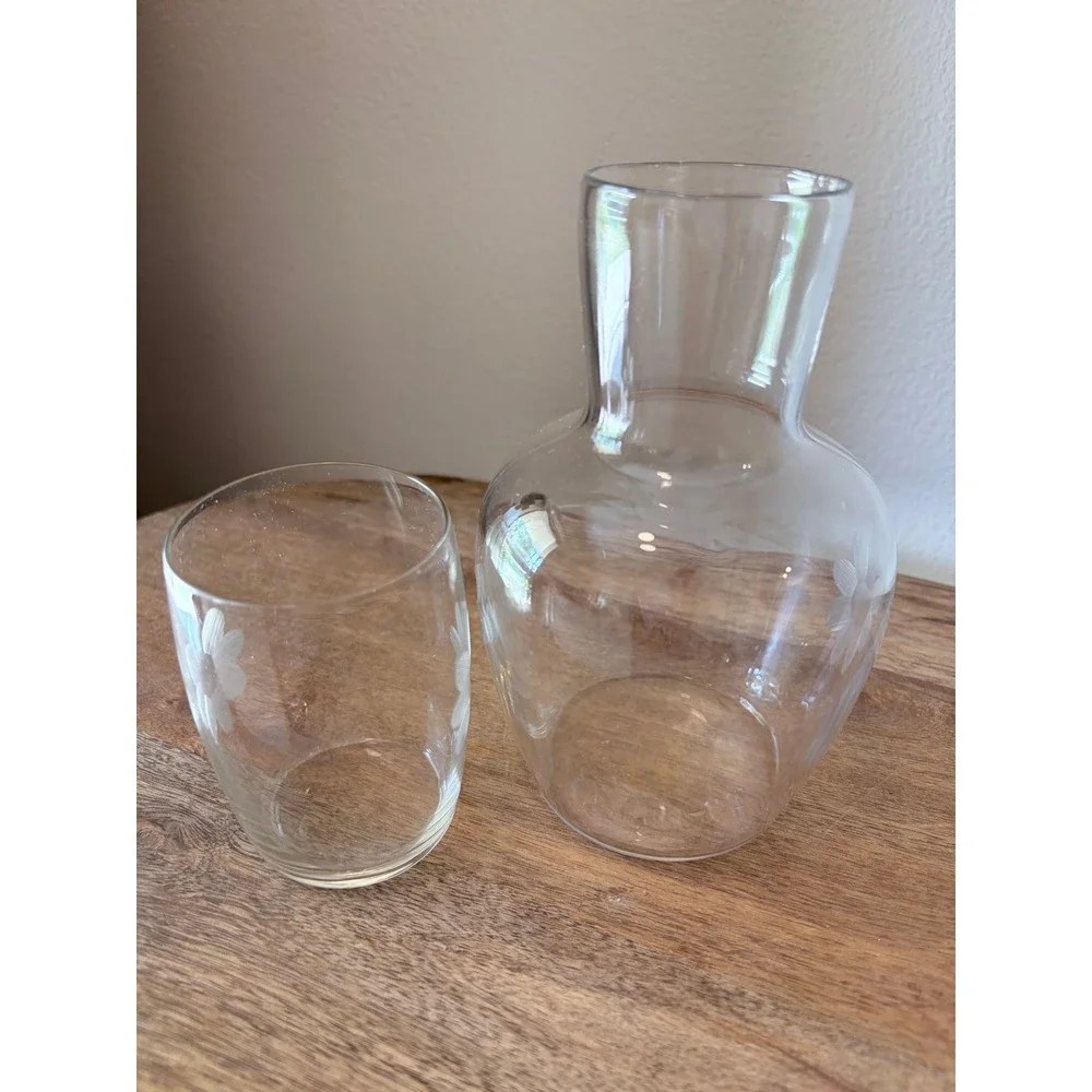 Vintage Frosted Daisy Etched Glass Bedside Water Carafe and Tumbler Set Clear